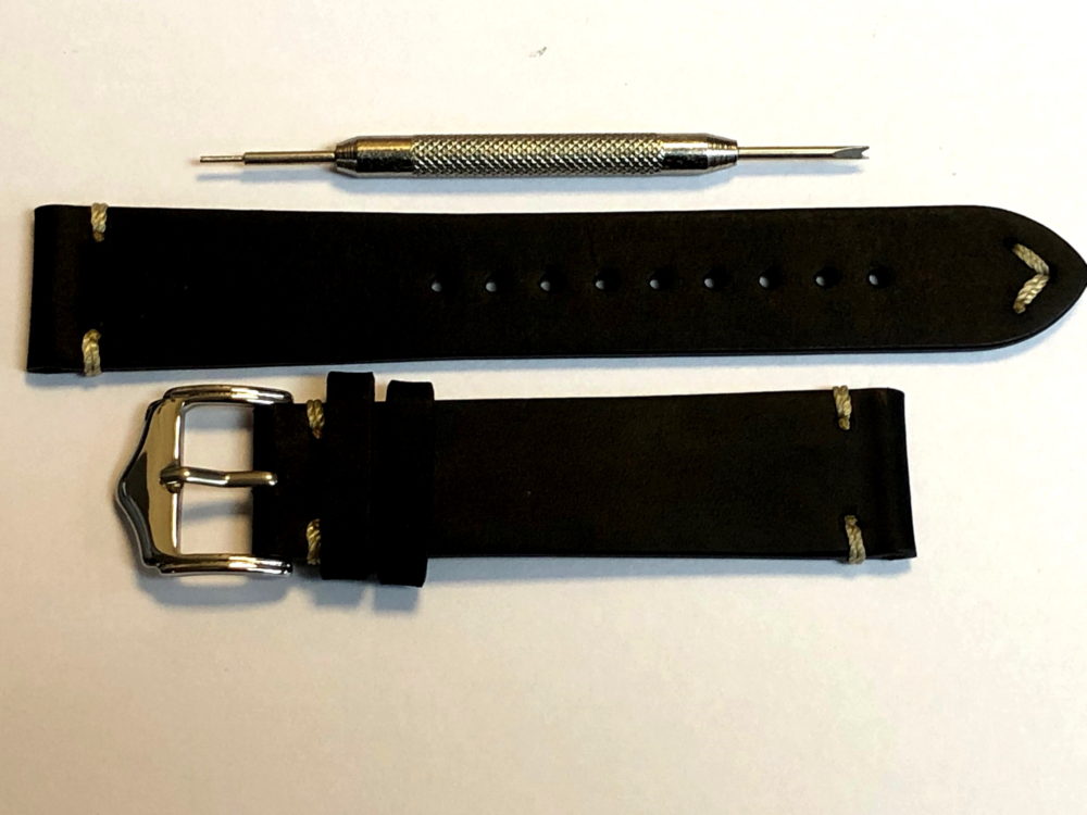 Black Leather Strap 20mm with Contrasting Tip Stitch by Liberty Straps