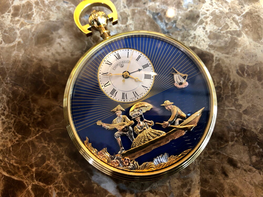 Charles Reuge Pocket Watch Musical & Motion Alarm Yellow Gold Filled Boat Scene