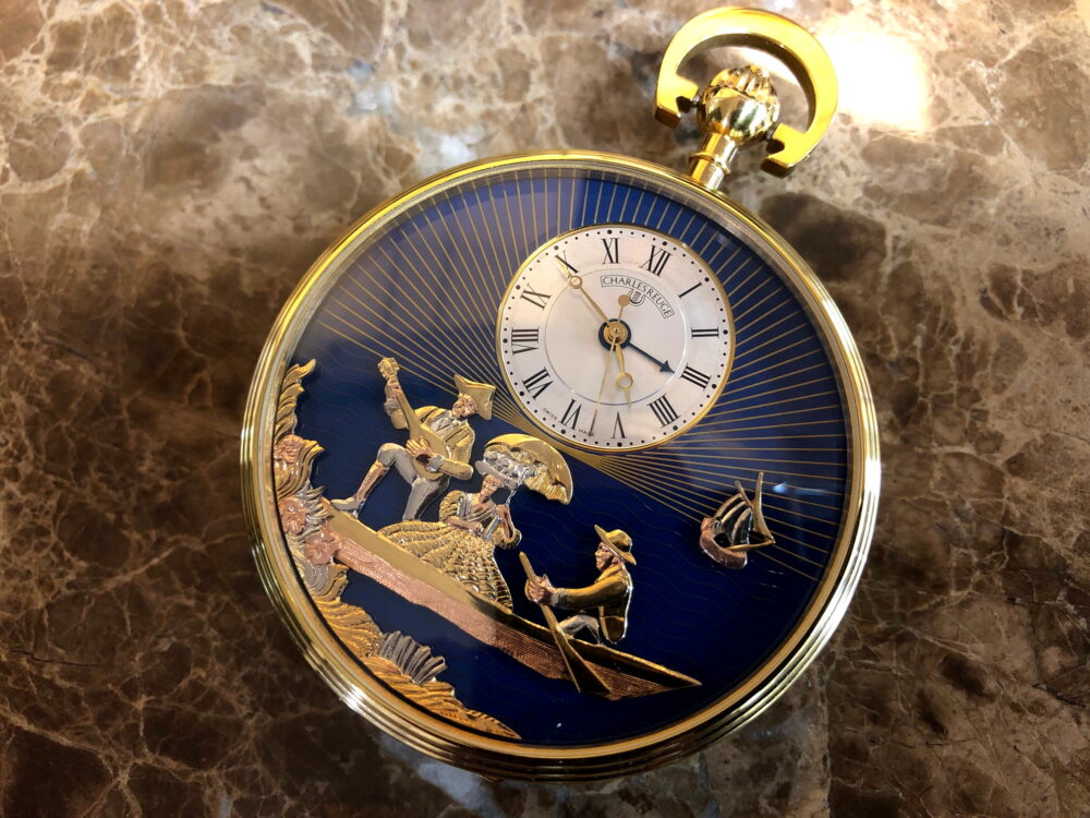 Charles Reuge Pocket Watch Musical & Motion Alarm Yellow Gold Filled Boat Scene