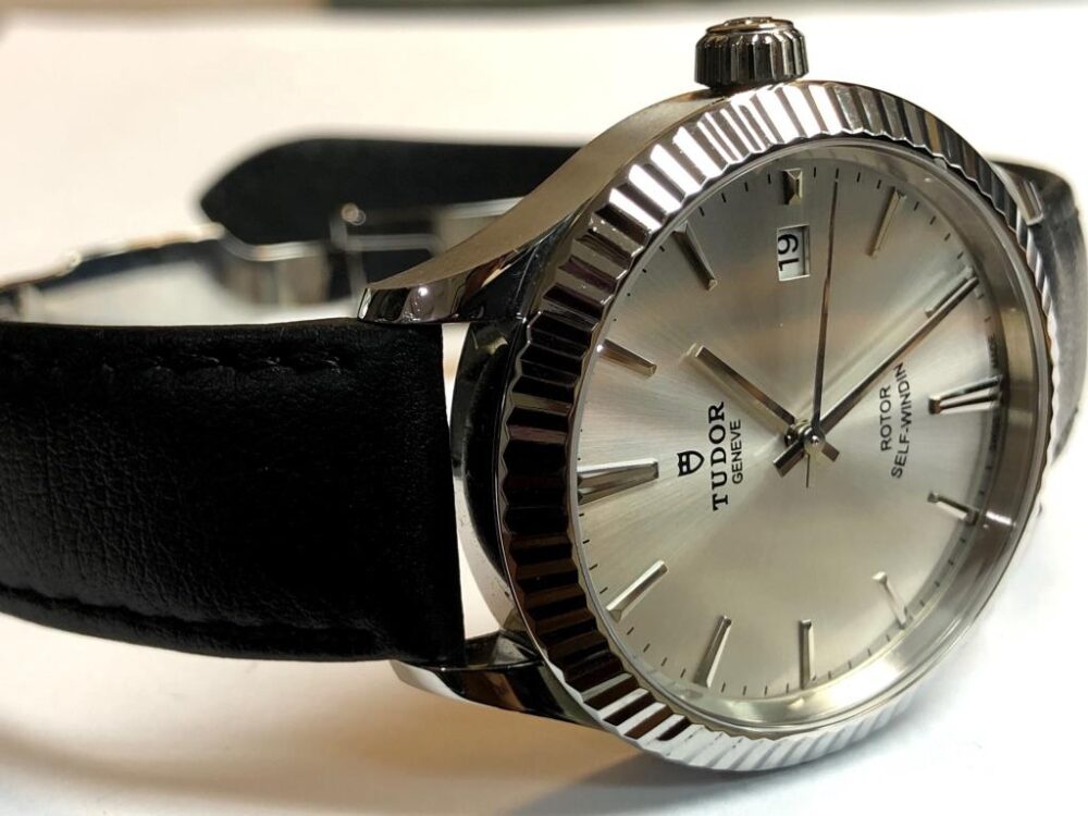 Tudor 38mm Automatic with Silver Dial and Black Leather Strap and Deployed Buckle 12510