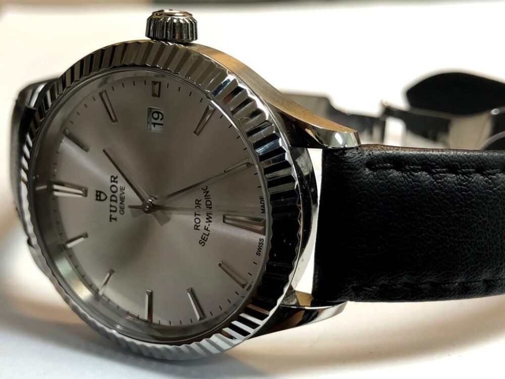 Tudor 38mm Automatic with Silver Dial and Black Leather Strap and Deployed Buckle 12510