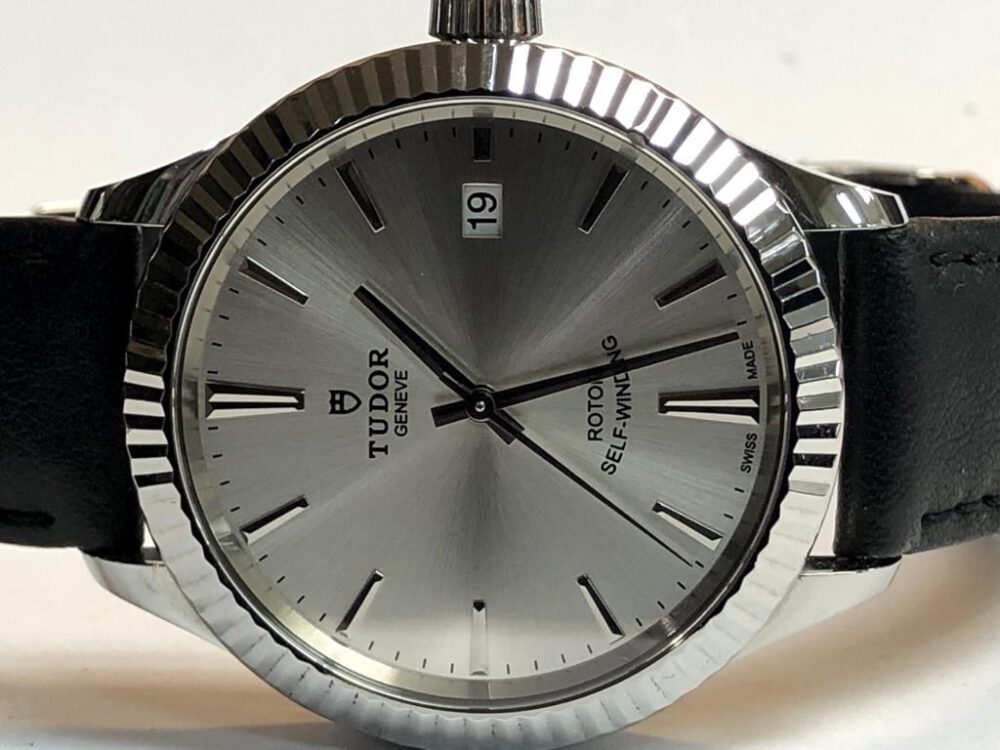 Tudor 38mm Automatic with Silver Dial and Black Leather Strap and Deployed Buckle 12510