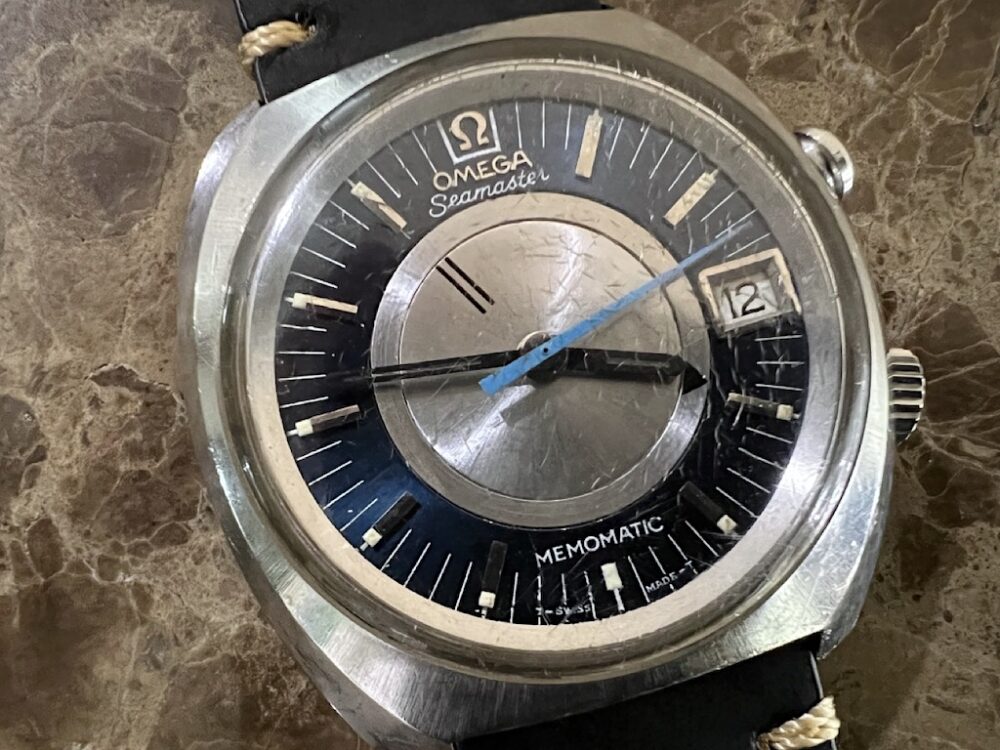 OMEGA Seamaster Memomatic Alarm Watch 166.072 cal. 980 Automatic with Blue and Silver Dial Vintage 1971