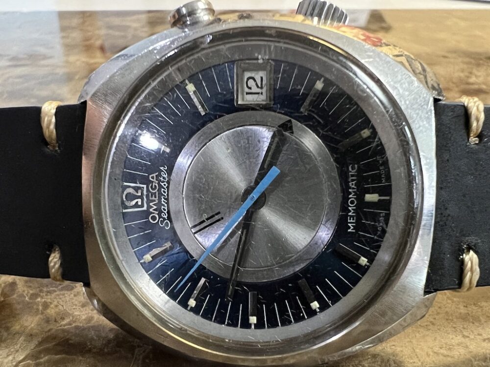 OMEGA Seamaster Memomatic Alarm Watch 166.072 cal. 980 Automatic with Blue and Silver Dial Vintage 1971