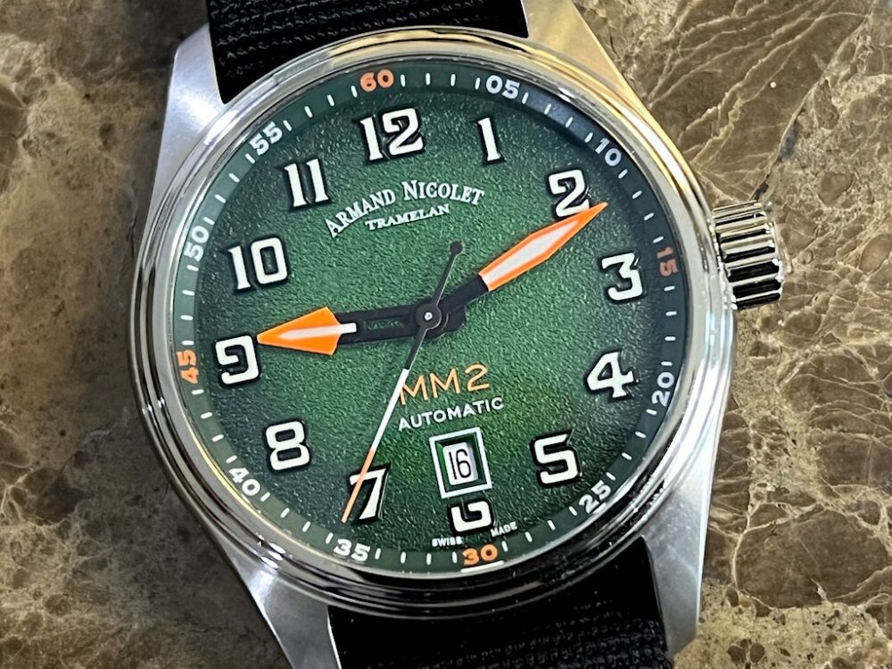 Armand Nicolet MM2 Green Dial / Orange Accents 43m Automatic SWISS MADE Box Papers