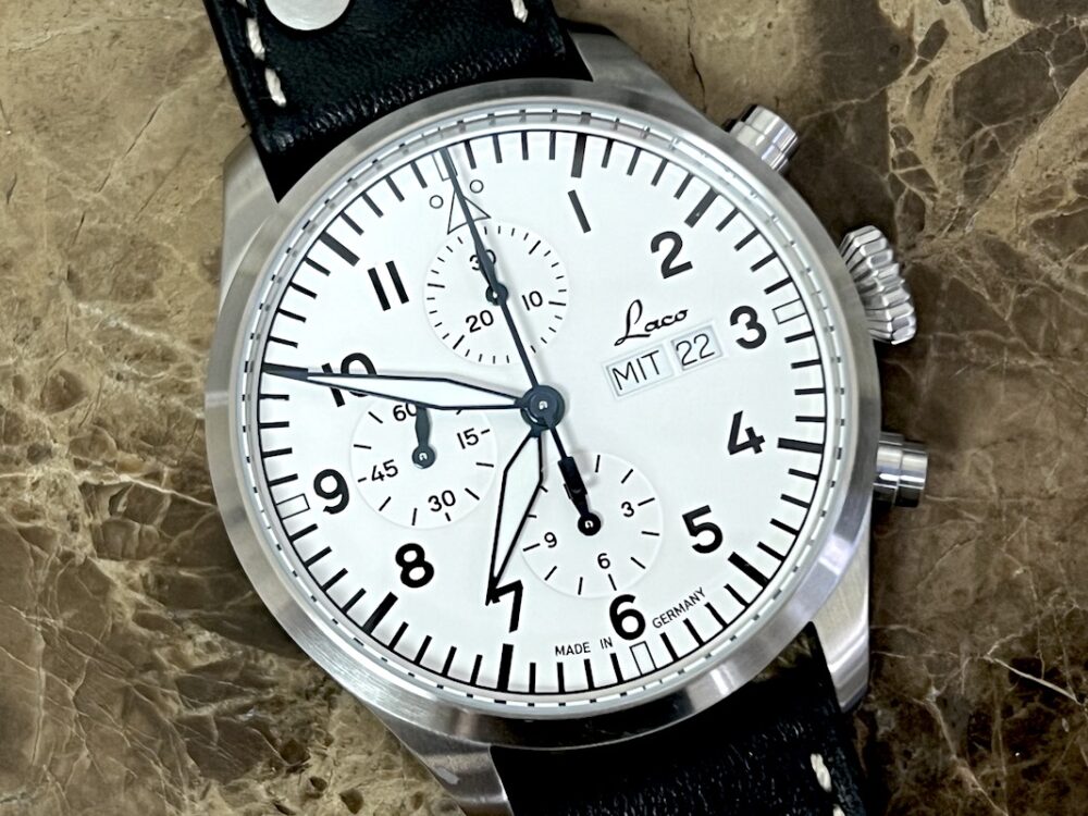 Laco KIEL.2 WEISS Chronograph White Dial 43mm Pilot Watch Automatic Box Papers 862153