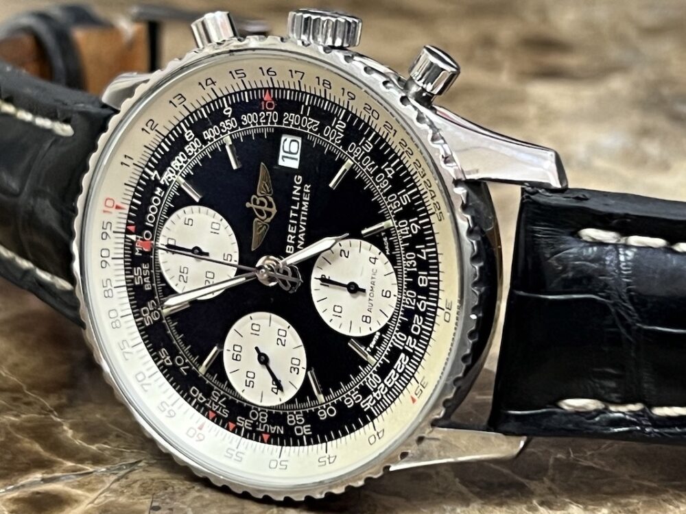 Breitling Old Navitimer II A13022 Black with silver sub dials 41.5mm with Box Papers JUST SERVICED