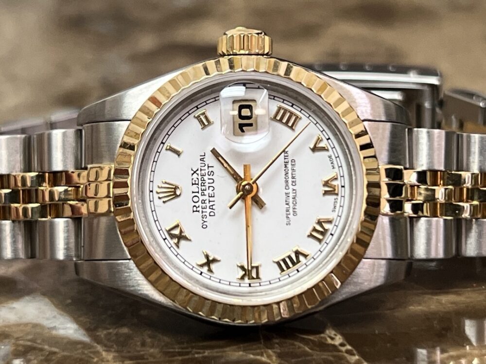 Rolex lady Datejust 26mm 18k Gold / Steel with Jubilee Bracelet Automatic Saphire Quickset Box Papers 69173