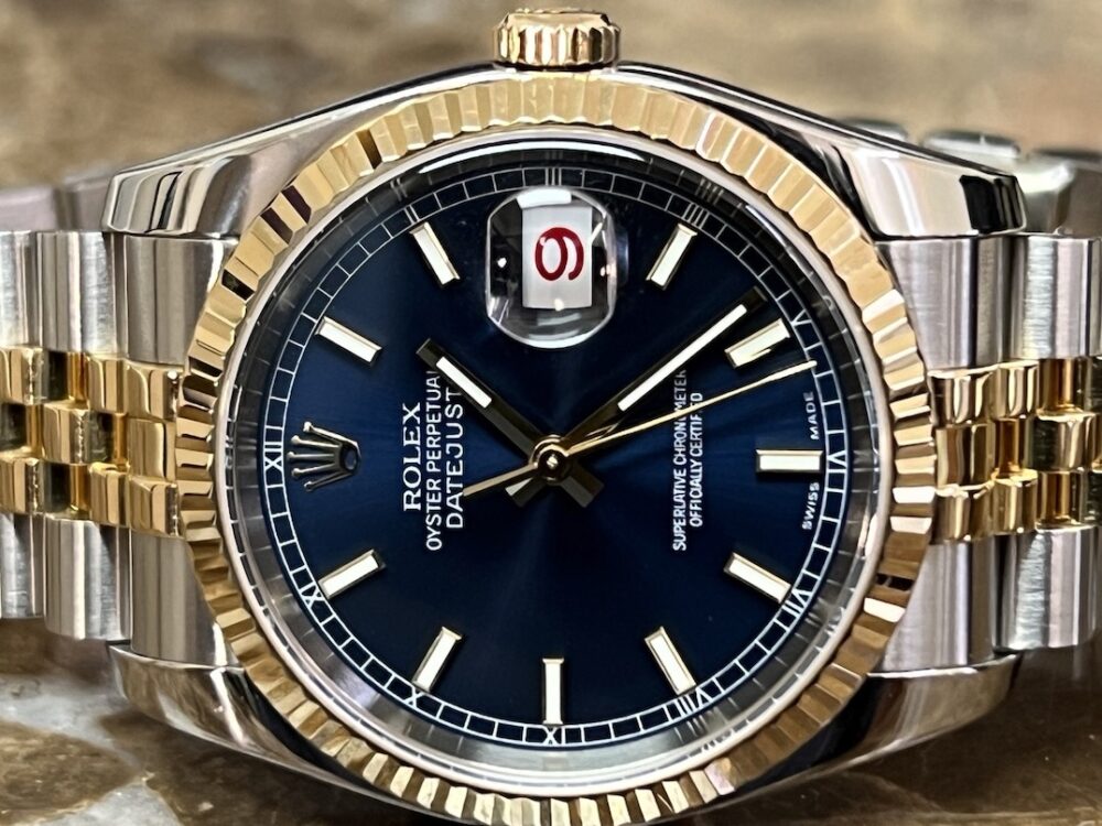 Rolex Datejust 36mm 18k Yellow Gold / Steel with Super Jubilee Bracelet Blue Dial 116233 with Rolex Box & Papers