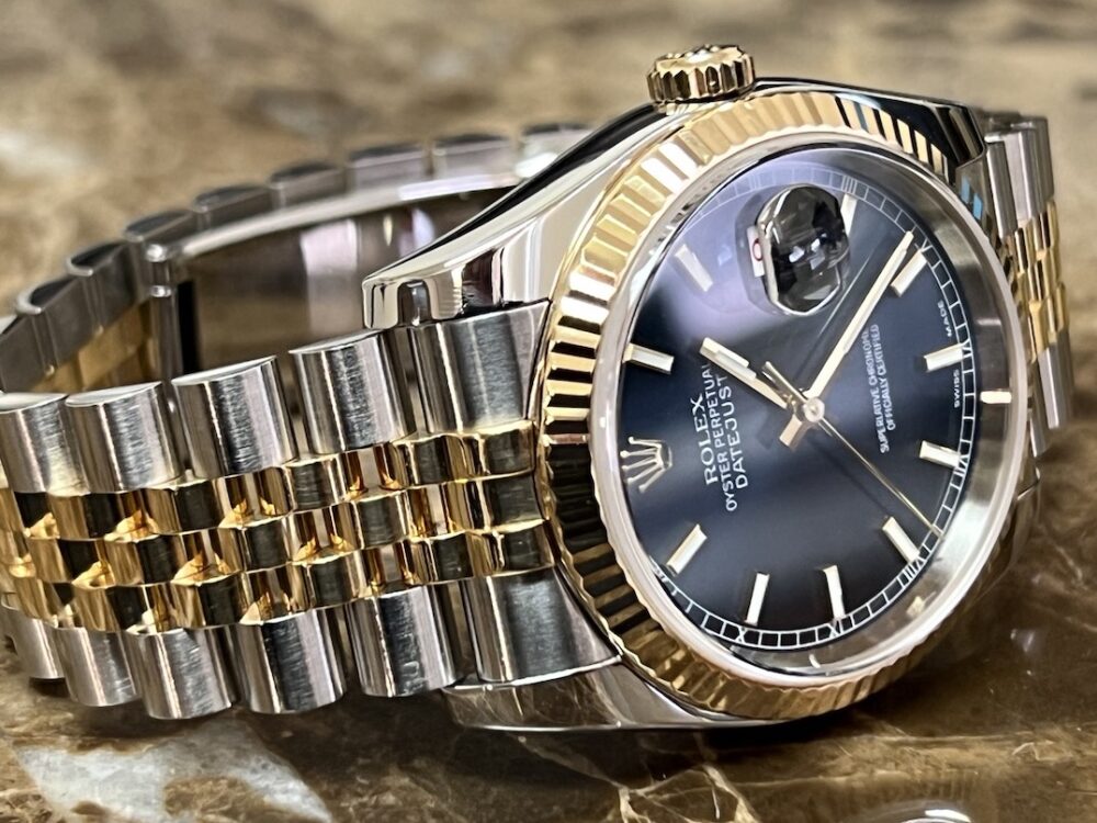 Rolex Datejust 36mm 18k Yellow Gold / Steel with Super Jubilee Bracelet Blue Dial 116233 with Rolex Box & Papers