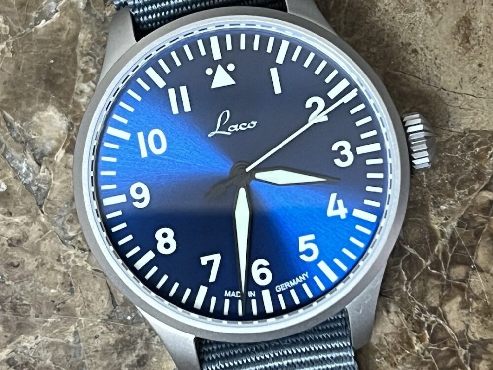 Laco Augsburg 39mm Pilot Watch Automatic Blue Dial and Grey NATO strap Box Papers 862102 Type A Dial