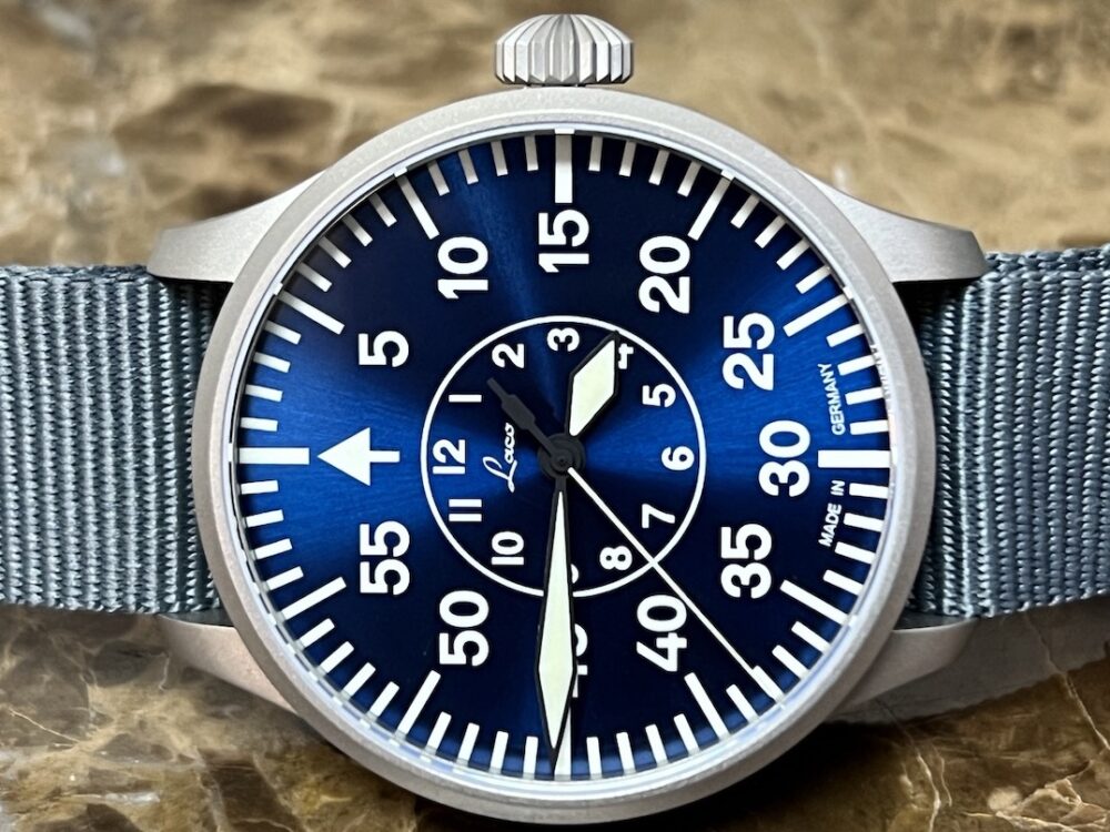 Laco AACHEN 42mm Pilot Watch Automatic Blue Dial and Grey NATO strap Box Papers 862101 Type B Dial