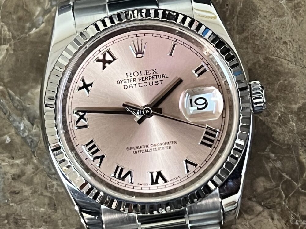 Rolex Datejust 36 with Salmon Roman Dial 18k Gold Fluted Bezel Oyster Bracelet with Box model 116234