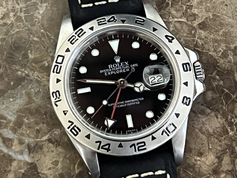 Rolex Explorer 2 model 16550 Black Dial 40mm Automatic 2 Time Zone GMT on Black Leather with Rolex box