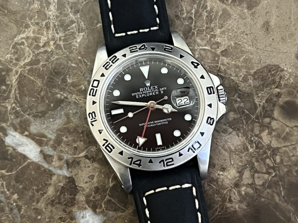 Rolex Explorer 2 model 16550 Black Dial 40mm Automatic 2 Time Zone GMT on Black Leather with Rolex box