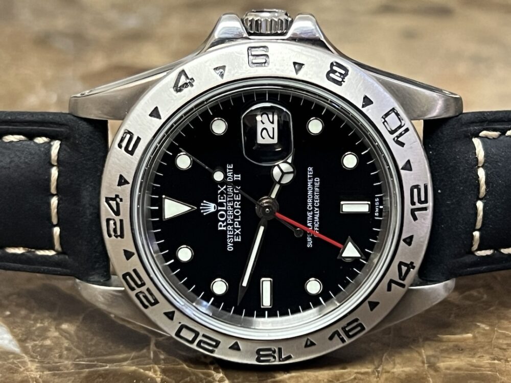 Rolex Explorer 2 model 16550 Black Dial 40mm Automatic 2 Time Zone GMT on Black Leather with Rolex box