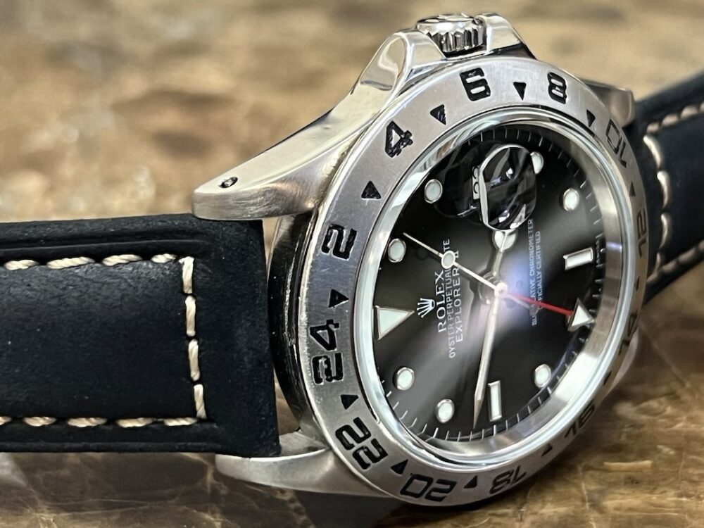 Rolex Explorer 2 model 16550 Black Dial 40mm Automatic 2 Time Zone GMT on Black Leather with Rolex box