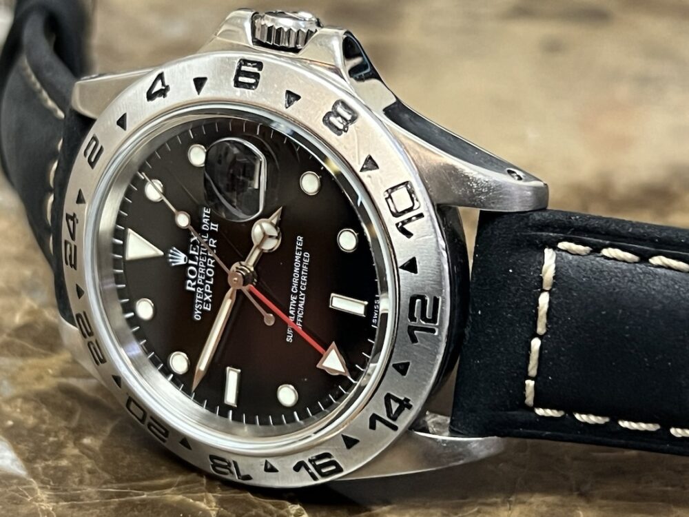 Rolex Explorer 2 model 16550 Black Dial 40mm Automatic 2 Time Zone GMT on Black Leather with Rolex box