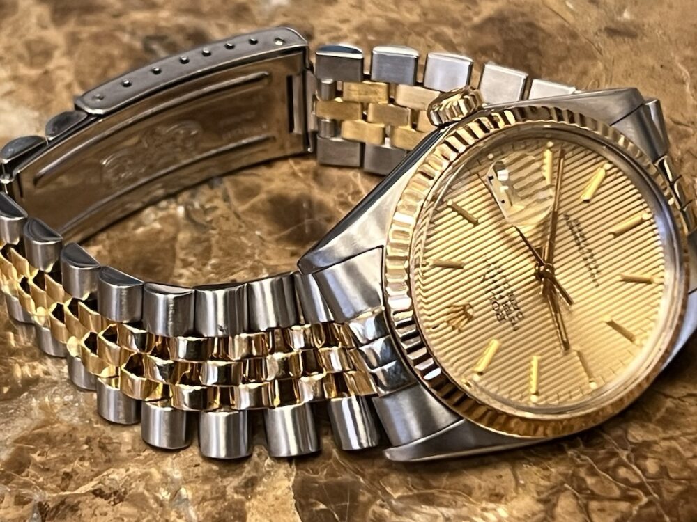 Rolex Datejust 36 18k Gold / Steel Automatic with Gold Tapestry dial Jubilee Bracelet 16013 with Travel Box