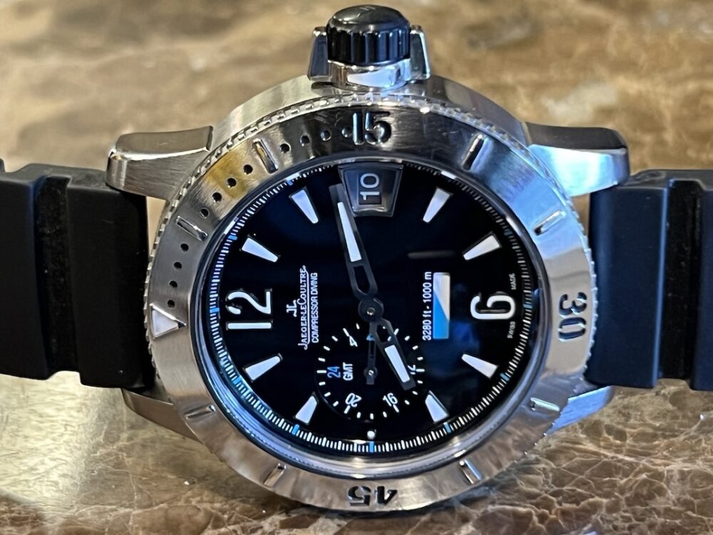 Jaeger LeCoultre Master Compressor Diving Titanium GMT 44mm Automatic Black Blue with Box and Papers 187.T7.70