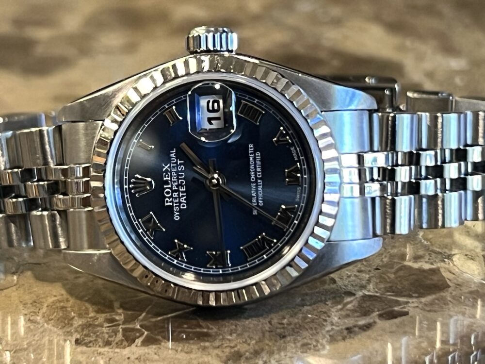 Rolex Datejust 26 Lady Automatic with Blue Roman Dial Jubilee Bracelet White Gold Fluted Bezel 79174