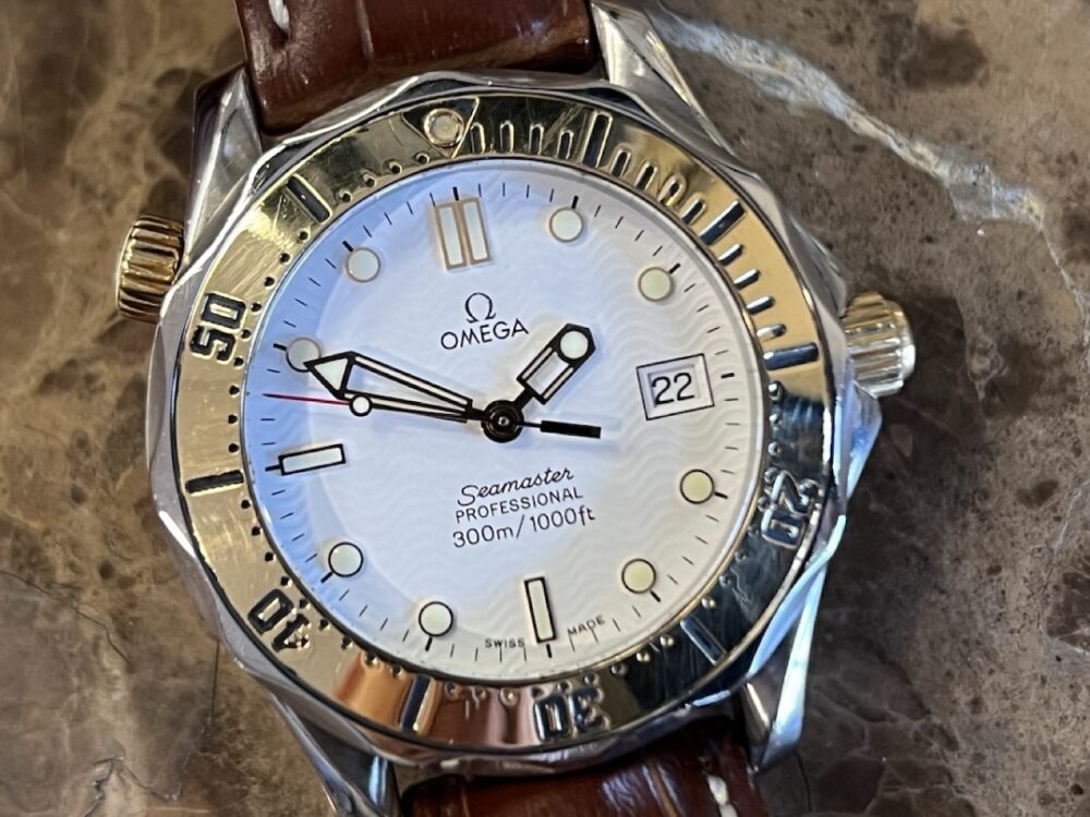 Omega Seamaster Diver 300M Quartz 36.25mm Mid Size White Wave 18k Gold and Steel on Leather Deployed Buckle 2352.80