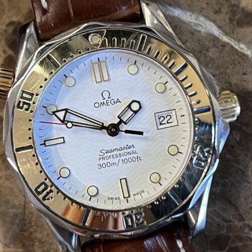 Omega Seamaster Diver 300M Quartz 36.25mm Mid Size White Wave 18k Gold and Steel on Leather Deployed Buckle 2352.80