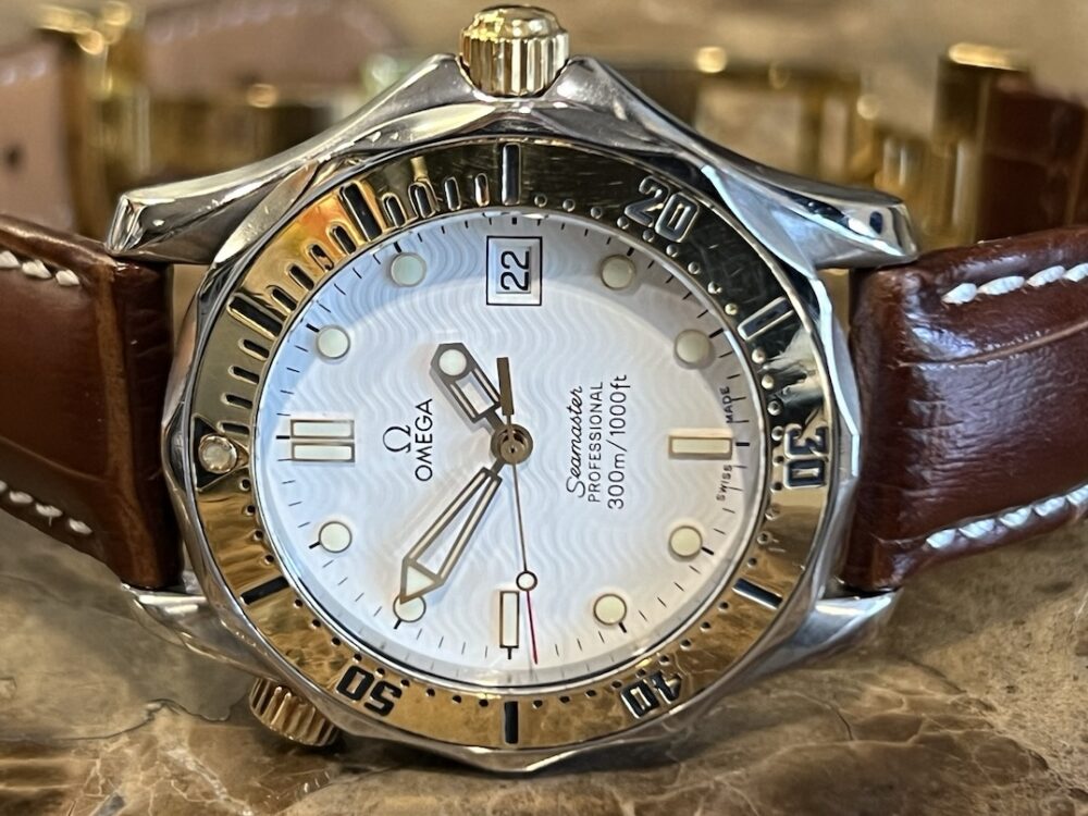 Omega Seamaster Diver 300M Quartz 36.25mm Mid Size White Wave 18k Gold and Steel on Leather Deployed Buckle 2352.80