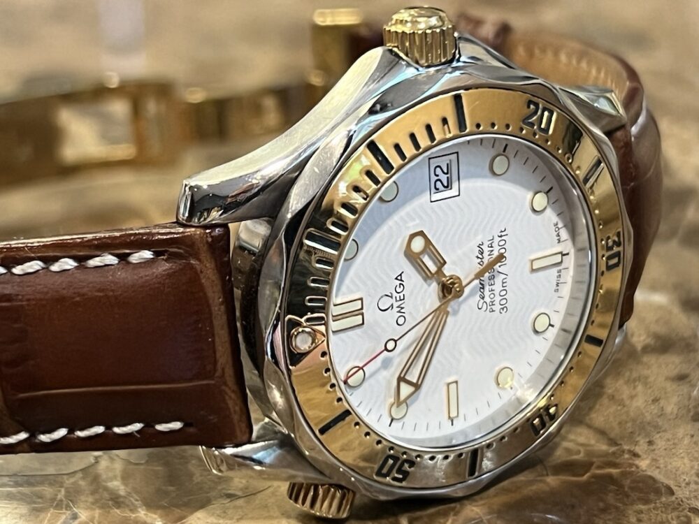 Omega Seamaster Diver 300M Quartz 36.25mm Mid Size White Wave 18k Gold and Steel on Leather Deployed Buckle 2352.80