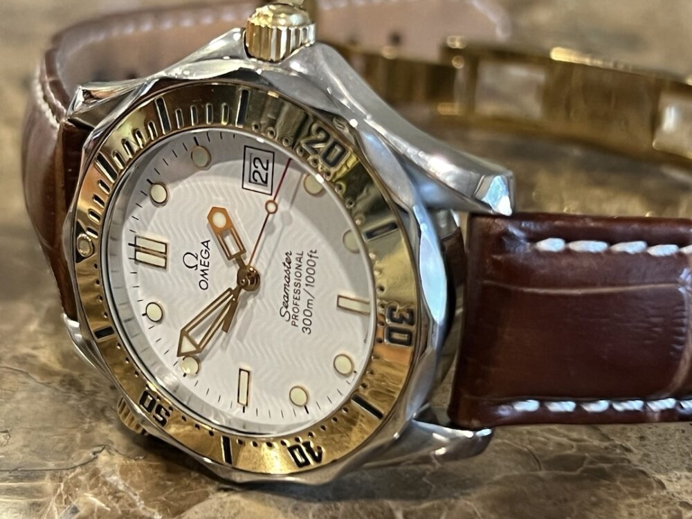 Omega Seamaster Diver 300M Quartz 36.25mm Mid Size White Wave 18k Gold and Steel on Leather Deployed Buckle 2352.80