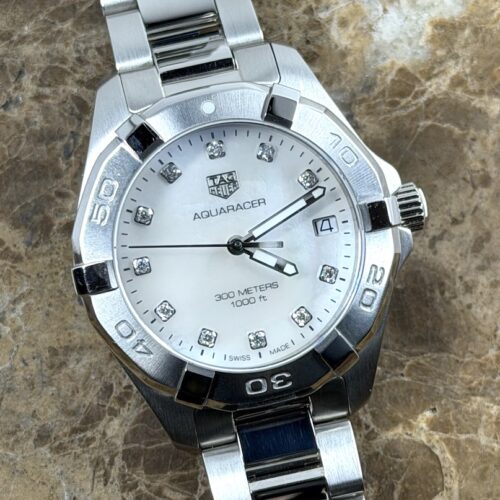 TAG Heuer Aquaracer 32mm Quartz Ladies Mother of Pearl Dial Diamond with Box Papers WBD1314.BA0740