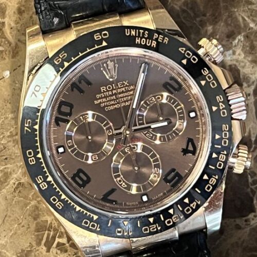 Rolex Daytona 116515LN Rose Gold Chocolate Dial 40mm Full Size Chronograph Box Papers on Leather Strap Sansom Watches