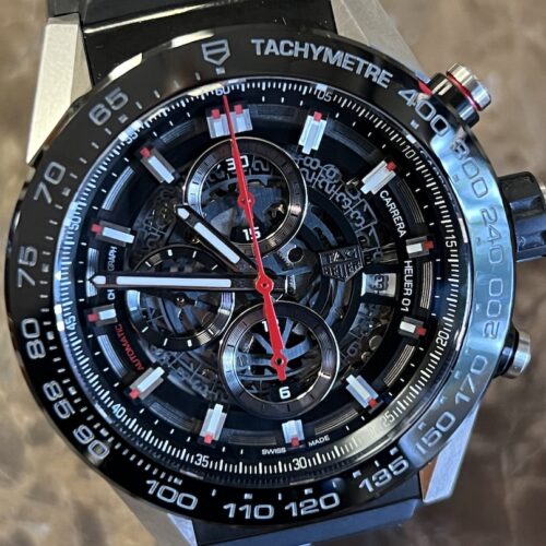 TAG Carrera Calibre HEUER 01 Skeleton 45mm Automatic Black Dial Rubber Strap Box Booklet CAR2A1Z.FT6044