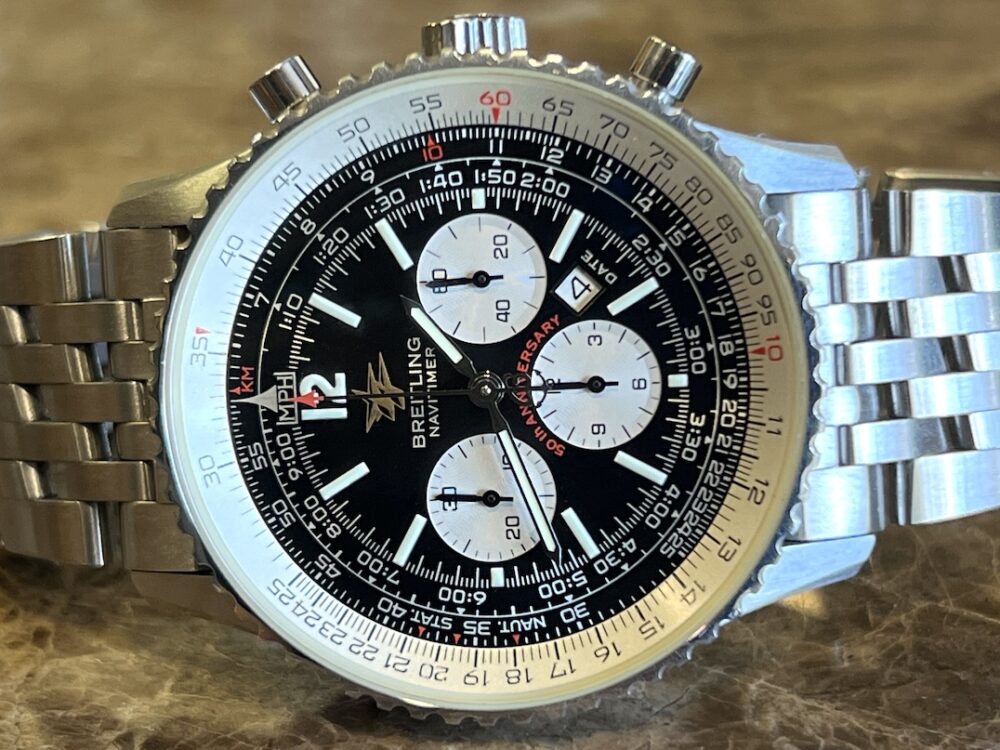 Breitling Navitimer 50th Anniversary 41.8mm Automatic on Bracelet Black / White Dial model A41322 Box Papers