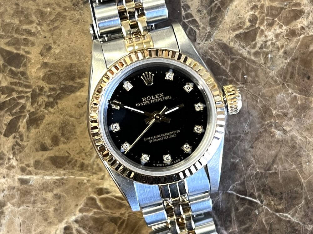 Rolex Oyster Perpetual Lady 18k Gold / Steel No DATE Automatic 24mm with Black Diamond Dial 67193 with Rolex Box