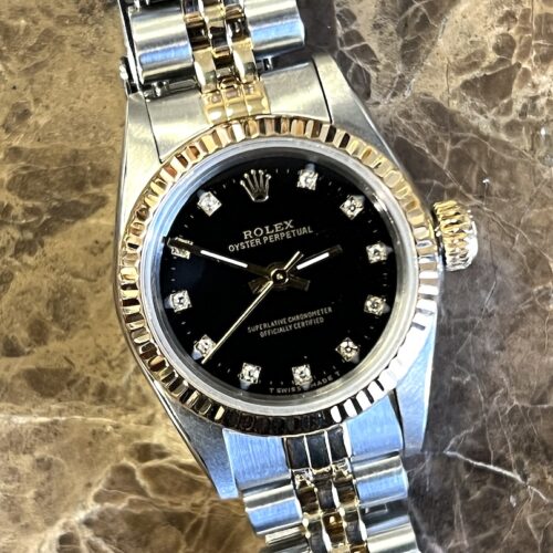 Rolex Oyster Perpetual Lady 18k Gold / Steel No DATE Automatic 24mm with Black Diamond Dial 67193 with Rolex Box