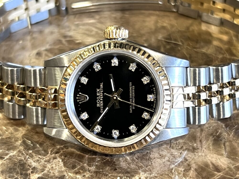 Rolex Oyster Perpetual Lady 18k Gold / Steel No DATE Automatic 24mm with Black Diamond Dial 67193 with Rolex Box