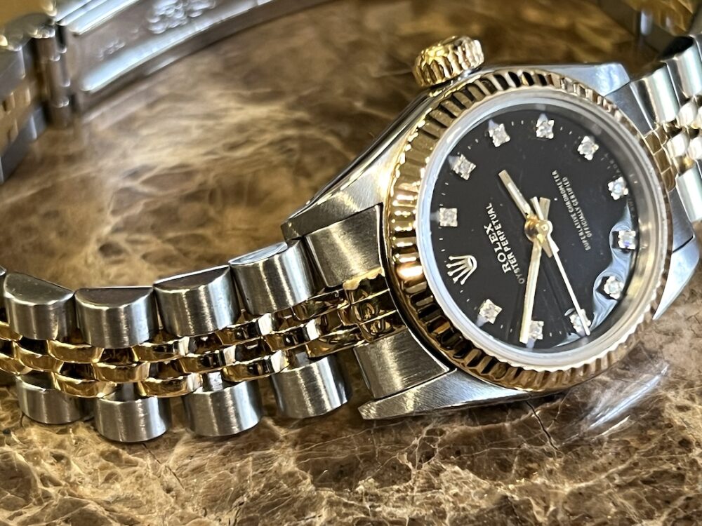 Rolex Oyster Perpetual Lady 18k Gold / Steel No DATE Automatic 24mm with Black Diamond Dial 67193 with Rolex Box