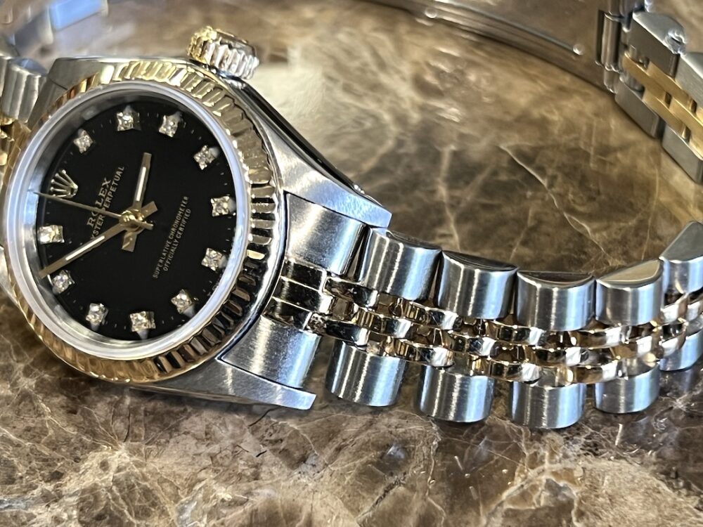 Rolex Oyster Perpetual Lady 18k Gold / Steel No DATE Automatic 24mm with Black Diamond Dial 67193 with Rolex Box