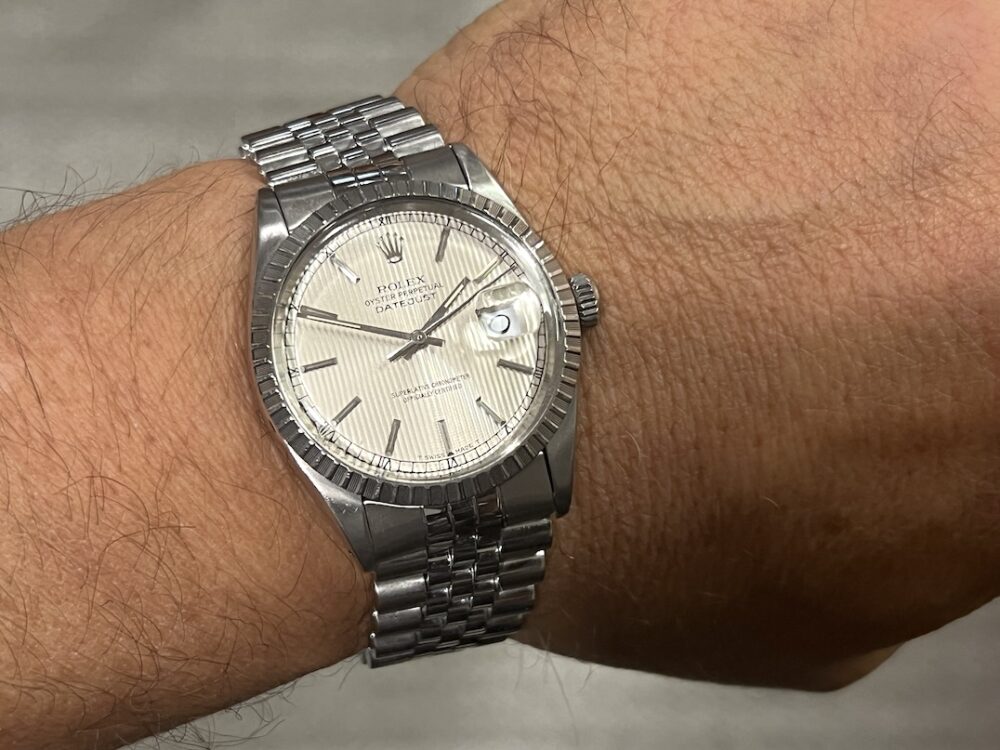 Rolex Oyster Perpetual Datejust 36 Automatic with Silver Tapestry Dial Engine Turned Bezel Jubliee Bracelet model 16030