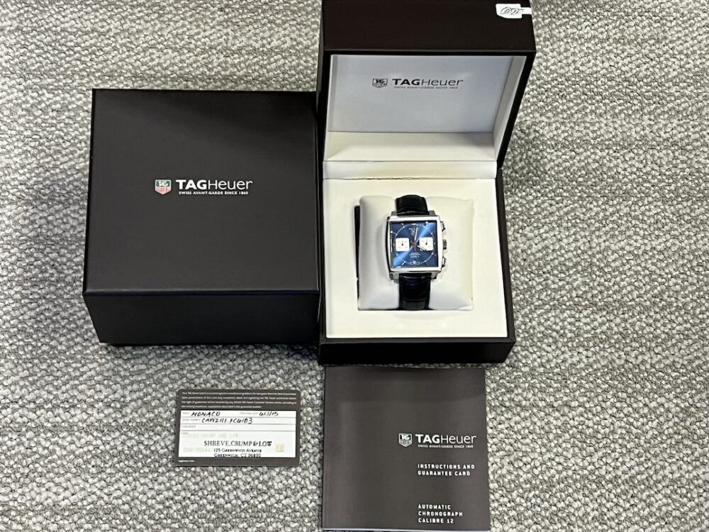 TAG Heuer Monaco Chronograph Automatic 39mm Blue Dial Calibre 12 Steve McQueen Square CAW2111 Box Papers Card