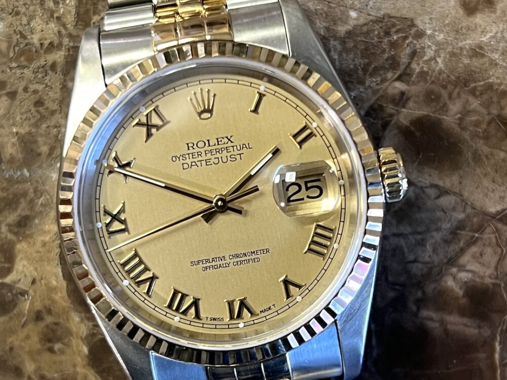 Rolex Datejust 36mm 18k Yellow Gold / Steel with Gold Champagne Dial Jubilee Bracelet model 16233 with Rolex Box Papers