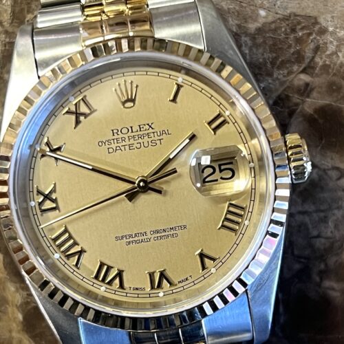 Rolex Datejust 36mm 18k Yellow Gold / Steel with Gold Champagne Dial Jubilee Bracelet model 16233 with Rolex Box Papers