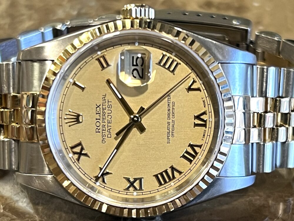 Rolex Datejust 36mm 18k Yellow Gold / Steel with Gold Champagne Dial Jubilee Bracelet model 16233 with Rolex Box Papers