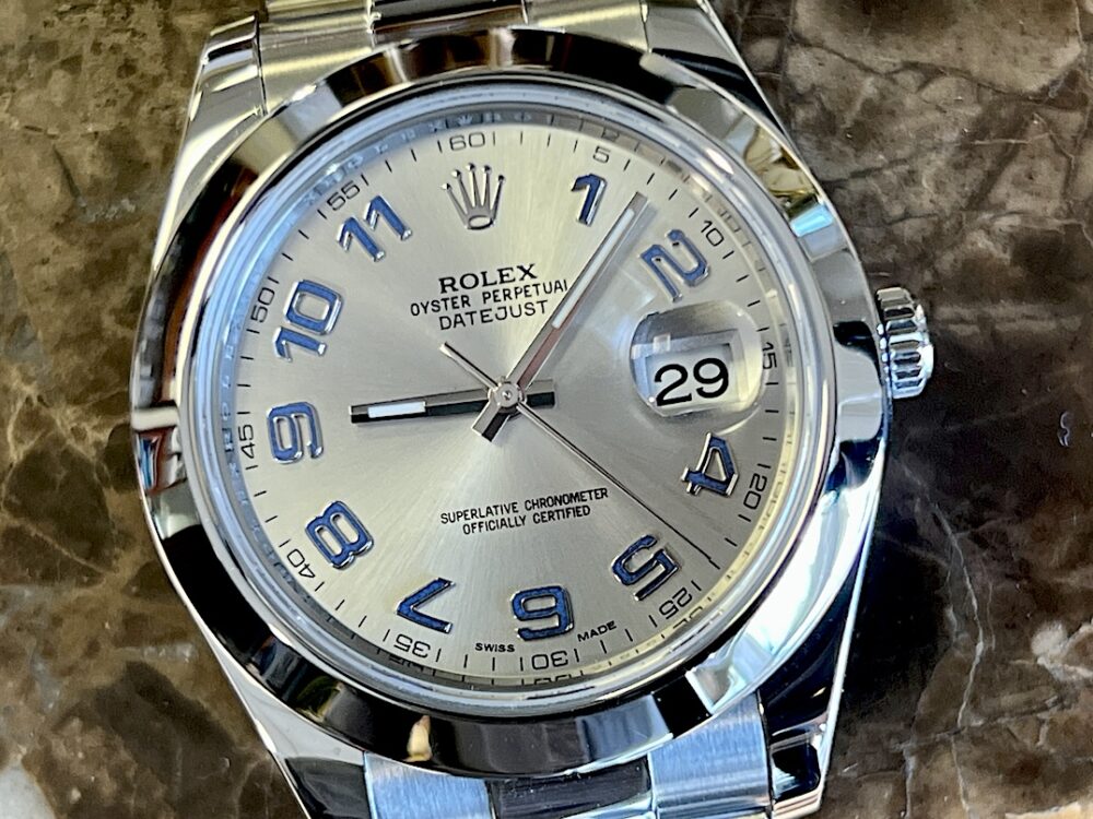 Rolex Datejust 41 Automatic with Silver Dial with Blue Arabic Oyster Bracelet 116300 with Certified Pre-Owned Rolex Box Papers