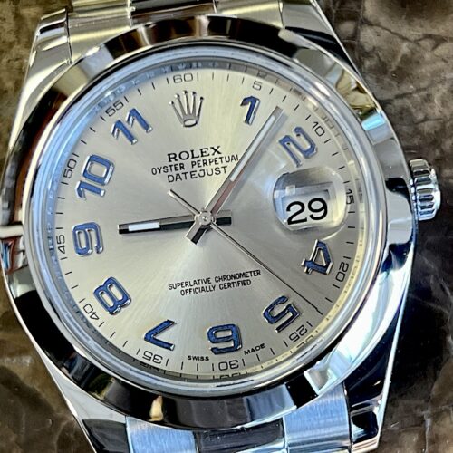 Rolex Datejust 41 Automatic with Silver Dial with Blue Arabic Oyster Bracelet 116300 with Certified Pre-Owned Rolex Box Papers