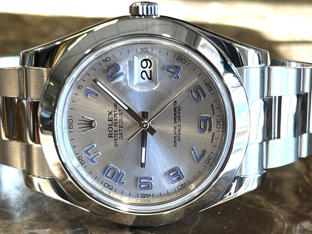 Rolex Datejust 41 Automatic with Silver Dial with Blue Arabic Oyster Bracelet 116300 with Certified Pre-Owned Rolex Box Papers