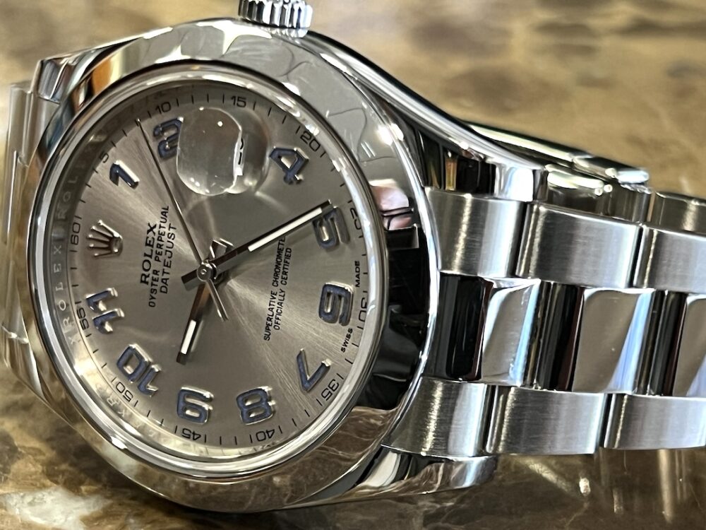 Rolex Datejust 41 Automatic with Silver Dial with Blue Arabic Oyster Bracelet 116300 with Certified Pre-Owned Rolex Box Papers