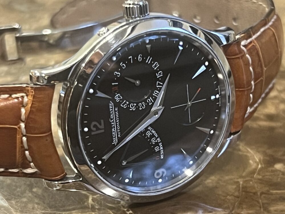 Jaeger LeCoultre Reserve De Marche Power Reserve Automatic Indicator 37mm with Black Dial 142.8.93.S with JLC Box and Papers