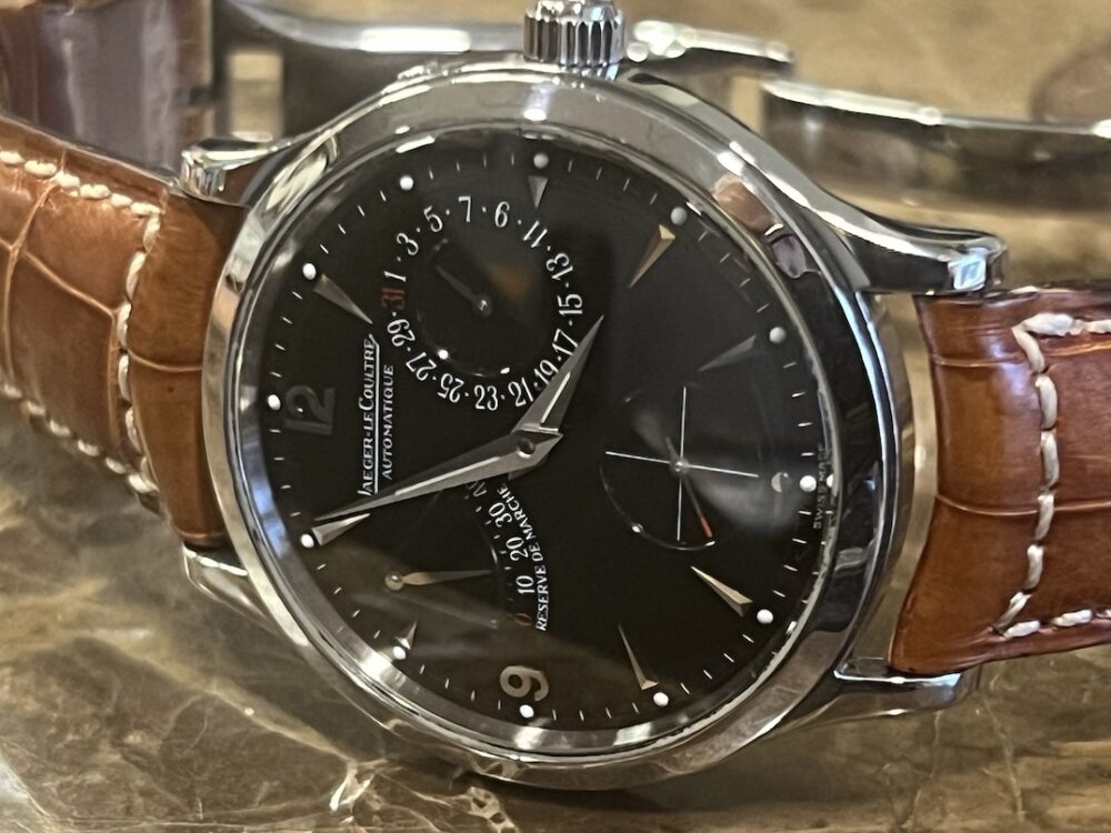 Jaeger LeCoultre Reserve De Marche Power Reserve Automatic Indicator 37mm with Black Dial 142.8.93.S with JLC Box and Papers